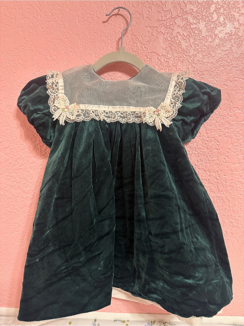 Vintage Dark Green Velvet Baby Dress with Lace Yoke bow and flower embroidery